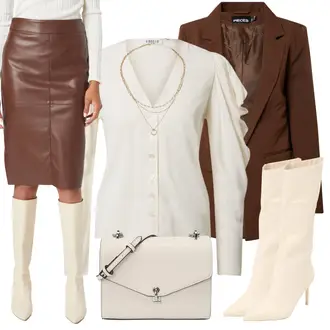 Outfit mit Dunkelbraun/Braun Mantel/Blazerjacke/Blazer mit Feder/Blusenblazer/Boyfriend Blazer/Lederjacke/Eleganter Blazer/Longblazer/Oversize Blazer/Lederjacke für Männer Pieces "Büro Outfit"