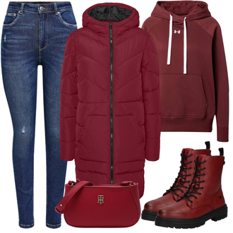 Plateau Mit Absatz Outfit mit Rot/Dunkelrot Klassischer Stiefel/Biker Boot/SpringerStiefel/SchnürStiefel Mustang "Herbst Outfit für den Altag"