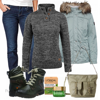 Outfit mit DunkelGrün/Grün Wasserdichter Stiefel/Gefütterte Stiefelette/TrekkingStiefel/MotorradStiefel/SchnürStiefelette/SpringerStiefel/Biker Boot Rieker "Desires pullover"