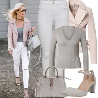 Sommer Outfits Casual, Edel mit Grau/Braun Schultertasche/Businesstasche/Tragetasche/Brieftasche/Tasche Büro/Schulranzen/Shopper-Tasche Guess, Grau/Braun/Silber/Beige Sandalen Mit Blockabsatz/Bequemer Pump/Hochfrontpump/Mary Jane Schuh/Spangenschuh/T-steg Pump About You "Frühling outfit"Look: Indoor, Bad Taste, Burlesque, Business, Edel, Coole, Mom, Schön, Old Money, Uni, 20er Jahre, Schick, Elegant, Smart Casual