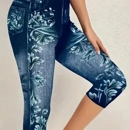 Plus Size Floral Print Capri Leggings, Casual Denim Stretchy Leggings For , Women's Plus Size Clothing