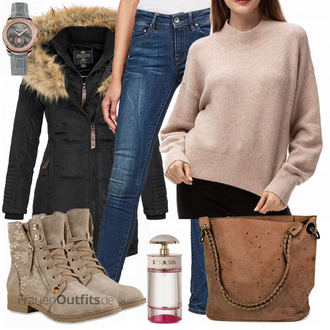 Outfit mit Schwarz Daunen & Steppmantel/Outdoormantel/Kapuzenmantel/Daunenmantel/Mantel mit Fellkragen/Wintermantel/Mantel mit Reißverschluss/Parka Geographical Norway "Woolen Bloom Pullover"