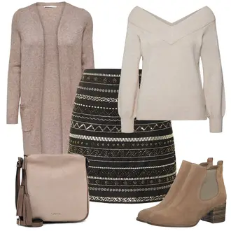 Winter Outfit mit Schwarz/Braun/Beige Short Große Größe/60er Jahre Rock/70er Minirock/90er Rock/Boucle Rock/Strickrock/Minirock/Moderne Rock/Bedruckter Rock/Tweed Rock/Winterröcke/Woll Rock About You "Outfit für den Herbst"