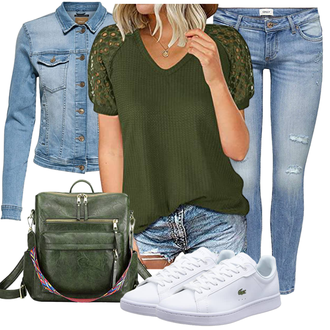 Outfit mit Grün/DunkelGrün Offene Bluse/Crash­Bluse/Bluse/SpitzenBluse/Einfarbige Bluse/Bluse Oberteil/KurzarmBluse Voqeen "Sommer Look für den Alltag"