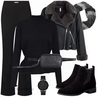 70er Outfit mit Schwarz/Beige/Creme Schlaghose/Bootcut Pant/Business Hose/Anzughose/Flared Leggings/Ausgestellte Hose/Jerseyhose/Lange Hose/Musselin Hose/Hose mit Schlitz Edited "Jacke Cadi"Look: 70er, Uni, Büro, Outdoor