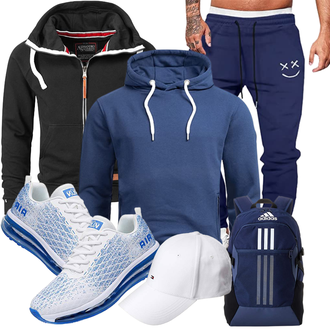Outfit mit Blau/DunkelBlau KapuzenPullover/Unisex Hoodie/Strick Hoodie/Sport Sweatshirt/Hoodie/Ausgefallener Hoodie/Sport Hoodie Alessandro Salvarini "Super für die Freizeit"