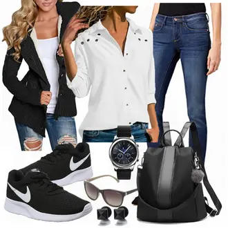 Jeans Outfit mit Weiß/Creme LangarmBluse/Einfarbige Bluse/Slim Fit Bluse/Bluse Mit Ellen­bogen-patch/Bluse Mit Knopf Aleumdr "Nike Laufschuhe"