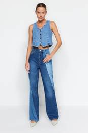 Blue Color Block Visok pas iroke noge kavbojke