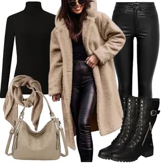 Outfit mit Beige/Braun/Weiß/Grau/Lila Tuch/Loop Schal Pieces "Modisches Winter Outfit"