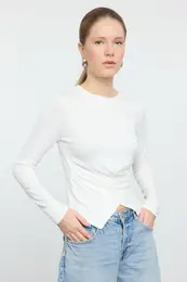 Ecru Double Breasted Gathered/Drape Detailed Slim/Fits Body Knitted Blouse