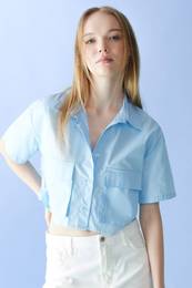 Cool Oversize Wide Pattern Pocket Detail Crop Short Sleeve Shirt