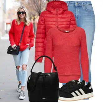 Sportski Outfit sa Crvena Prošivena Jakna/Pernata Jakna/Održiva Jakna/Ljetna pod-Jakna/Donja Jakna/Zimska Jakna/Jakna za Pakiranje/Puferica Jakna/Jakna s Kapuljačom Only "Lijepi proljetni outfit"Look: Besprijekorno, Vanjski, Sportski