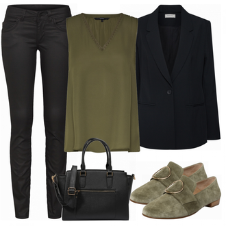 Stoff Outfit mit Schwarz/Dunkelblau Lederjacke/Blazerjacke/Boyfriend Blazer/Zweireiher Blazer/Strick­blazer/Oversize Blazer/Kurzblazer/Sweatblazer/Lederjacke für Männer/Lederjacke Modström "Vero Moda top"