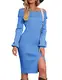 Vthereal Strickkleid Damen Pulloverkleid Schulterfrei Pullover Winterkleid Pulli Kleid Cocktailkleid Partykleid Abendkleid sexy,Blau,M