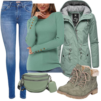 Übergang Outfit mit Grün/Dunkelgrün Winter Stiefel/SchnürStiefelette/Gefütterte Stiefelette/Winterschuh/Winter Stiefelette Rieker "Outfit für den Herbst"
