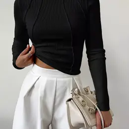 [targeted Style]t-shirt With Ribbed Wood Ear Tips And Shaping