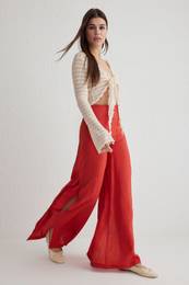 Red Modal Wide Leg High Waist Slit Woven Trousers