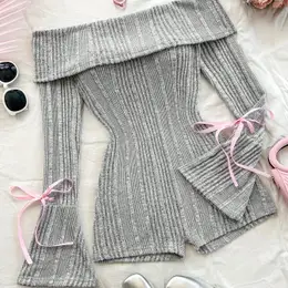 Elegant Women's New Knitted Ribbed Solid Color Flared Long Sleeve Slim Jumpsuit