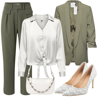Outfit s Šedá/Stříbrný/Béžová/Bílá/Hnědá/Khaki Saténová Halenka/Zavazovací Halenka/Halenka s Mašlí/Hedvábná Halenka/Carmen Blůza Only "Stylový outfit na jaro"