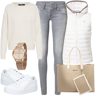 Outfit s Hnědá/Béžová/Khaki Basic Svetr/Kašmírový Svetr/Svetr z Jemné Pleteniny/Pletený Svetr/Potisknout Svetr/Svetr s Kulatým Výstřihem/Jednoduchý Svetr/Pruhovaný Svetr VERO MODA "Ležérní Outfit"