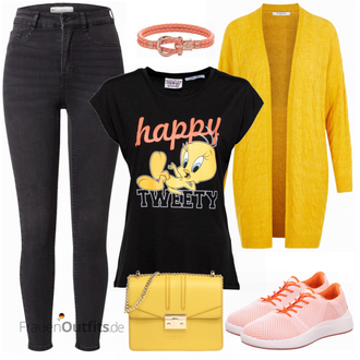 Outfit mit Weiß/Creme Casual Top/Kurzarm T-Shirt/Carmenshirt/Shirt/Hemdoberteil/Klassische Länge/Casual T-Shirt/Kurzes Oberteil/Ausgefallenes T-shirt Suncoo "Tweety Freizeitlook"