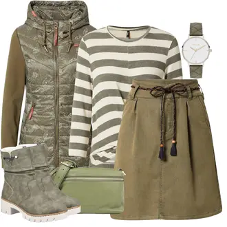 Outfit mit Dunkelgrün/Khaki Winterröcke/Rock Zum Binden/Mittelalter Rock/Cordrock/Cargo Rock Ragwear "Outfit für den Herbst"