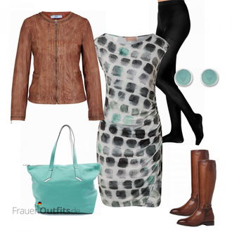 Outfit mit Braun Lederjacke Heine "Business Outfit mit türkisfarbenen Highlights"