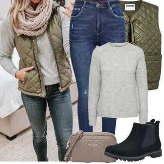 Laufen Outfit mit Blau/Dunkelblau/Schwarz Chelsea Boot/Lederjacke/Flache Stiefelette/Gummistiefelette Tamaris "Frühling outfits"Look: Reiten, Trekking, Laufen