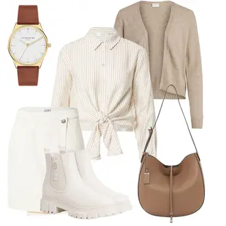 Outfit mit Braun Ledermantel/Slim Fit Jeans/Accessoire/Schultertasche Tamaris "Cool Für Die Freizeit"