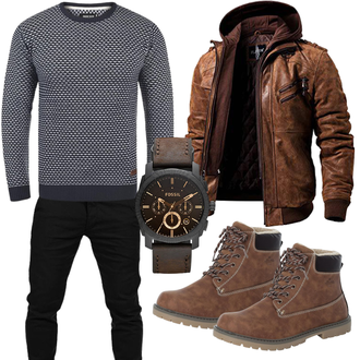 Wolle-seide Outfit mit Dunkelbraun/Braun Kapuzenjacke/Außergewöhnliche Jacke/Herbstjacke/Jacke mit Seitlichem Reißverschluss/Winterjacke/KunstLederjacke/Bikerjacke/Leder Bomberjacke/Motorradjacke/Vintage Lederjacke FLAVOR "Alltags Outfit"