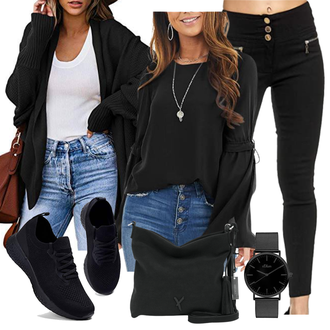 Elegant Outfit mit Schwarz Bluse/Lederjacke/SchluppenBluse/Bluse mit Puffärmel/Bluse Mit Schleife/Bluse Oberteil/Einfarbige Bluse/LangarmBluse YOINS "Fruhlings Outfits"Look: Elegant, Sexy, Coole, Mom, Boho, Casual