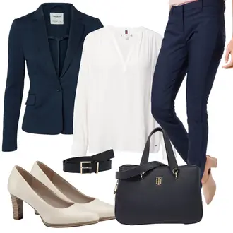Outfit mit DunkelBlau/HellBlau/Blau Lederjacke/Blazerjacke/Blusenblazer/Boyfriend Blazer/Lässiger Blazer/Baumwoll ­Blazer/Eleganter Blazer/Strick­blazer/Kurzblazer/Sweatblazer/Lederjacke für Männer/Lederjacke VERO MODA "Business Look für Damen"