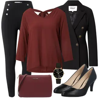 Outfit mit Rot/Dunkelrot/Braun/Bordeaux Tunika/3/4 Bluse/Bluse Oberteil/Bluse Mit Schleife/Bluse Mit Kapuze/Lederjacke/Langarmbluse/Schlupfbluse/Einfarbige Bluse About You "Business Look"