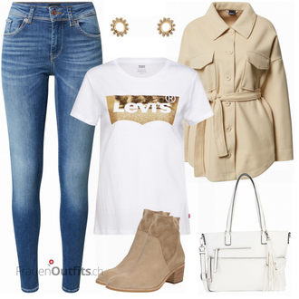 Outfit mit Beige/Grau Sommerjacke Gina Tricot "Camel Alltagslook"