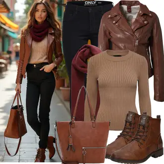 Outfit mit Dunkelbraun/Braun Bikerjacke/KunstLederjacke/Lederjacke/Motorradjacke/Vintage Lederjacke gipsy by mauritius "Modischer Look für den Herbst"