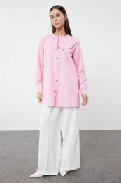 Pink Silver Button Detailed Baby Collar Cotton Shirt