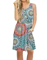 AUSELILY Damen ärmelloses Plissee Loose Swing reizeitkleid mit knielangen Taschen(Grün drucken,M)