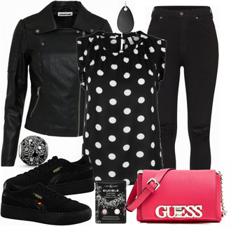Punk Outfit mit Schwarz Lederjacke/Lederjacken/Jeans mit Schlitz/Jeans mit Loch/High Waist Jeans/Biker Jeans/Push up Jeans Dr. Denim "GUESS Umhngetache"Look: Uni, Schön, Punk, Nahtlos, Techno