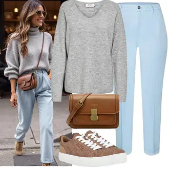 Oversize Outfit mit Grau/Hellgrau Kaschmir Pullover/Feinstrickpullover/Basic Pullover/Wollpullover/Stillpullover/Kaschmir Pullover/Einfacher Pullover/Pullover Mit V-ausschnitt Only "Modisches Freizeit Outfit"Look: Kuschel, Oversize, Casual, Egirl, Softgirl, Unisex, Classic, Smart Casual, Lack, Trachten, Sportlich, 60er