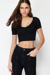 Black Pool Collar Baby Overlock Detailed Crop Ribbed Stretchy Knitted Blouse