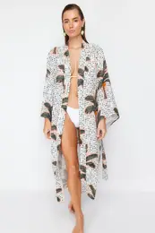 Tropical Patterned Belted Maxi Woven 100% Cotton Kimono&Kaftan