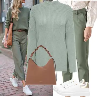 Extra groot Outfit met groen/Lichtgroen/Lichtblauw Trui Only "Lente Look"Look: Jaren 60, GoGo, Extra groot, Naadloos, Simpel, Klassiek, Comfortabele, Jaren 50, Casual