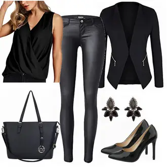 Wetlook Outfit mit Schwarz Crash­Bluse/SeidenBluse/Einfarbige Bluse/SatinBluse/Bluse Oberteil/WickelBluse/Ärmellose Bluse YOINS "Black Widow"Look: Elegant, Edel, Wetlook, Coole, Old Money, Büro, Mom, 20er Jahre
