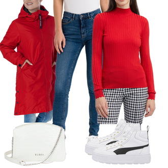 Outfity na zimu Pohodlný s Bílá/Tmavě červená Taška Přes Rameno/Malá Taška/Ledvinka/Sportovní Taška Přes Rameno/Bagetová taška/Klasická Taška Přes Rameno/Brašna elega "Zimní outfity"Look: Egirl, Elegantní, Pohodlný, Šik, Lak, Klasické