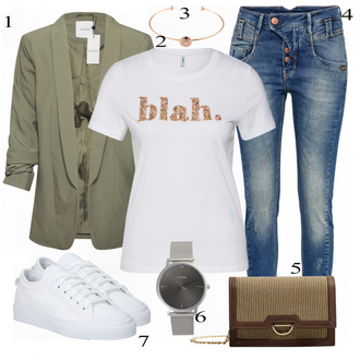 Outfit s Modrá/Bílá Kožené Boty/Push up Džín/Džíny s Nízkým Sedem/Slim Fit Džíny/Kožená Pánská Bund/Džín s Nízkým Pasem Gang "About Shirt ONLGITA"