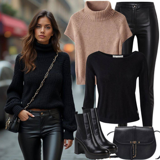 Tenues d'Hiver avec Noir/Marron/Blanc Legging en cuir/Pantalon en Vinyle/Pantalon en Simili Cuir/Pantalon en Cuir luka sabbat for about you, Noir Sac de Transport/Cartable/Pochette de Ceinture/Petite poche Buffalo, Noir Pull en Maille Fine/Chemise à Manches Longues/Chemise Longue/Longueur Classique/Chemise À Col Roulé/Chemise en tricot/Top Long/T-shirt/Pull Thermique/Pull Col Rond influencer "Look de Printemps"