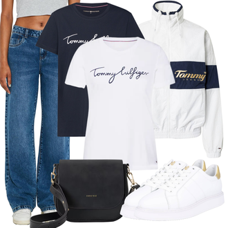 Outfit mit Rot/Blau/Rosa/Grün Damen 7/8-Länge Jeans/Ankle Boot/Caprijeans/Cropped Jeans/Low Waist Jean/Push up Jeans/Lederjacke/Bomberjacke/Federjacke/Jacke Mit 3/4 Ärmel/Frühlingsjacke/Sommerjacke/Vintage Jacke/Bluse Große Größe/Parka große Größe/Sweatmode Tommy Hilfiger "Modisches Frühlings Outfit"