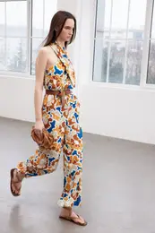 Limited Edition Multicolored Patterned Maxi Woven Jumpsuit with Knot Detail on Collar