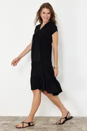 Black Wide Cut V-Neck Skirt Asymmetric Flounce Aerobin Woven Dress