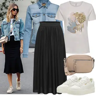 Outfit mit Schwarz Wickelrock/Maxirock/Langer Rock/WadenLanger Rock/Standesamt Rock/Crinkle Rock/Christlicher Rock Only "Modisches Frühlingsoutfit"